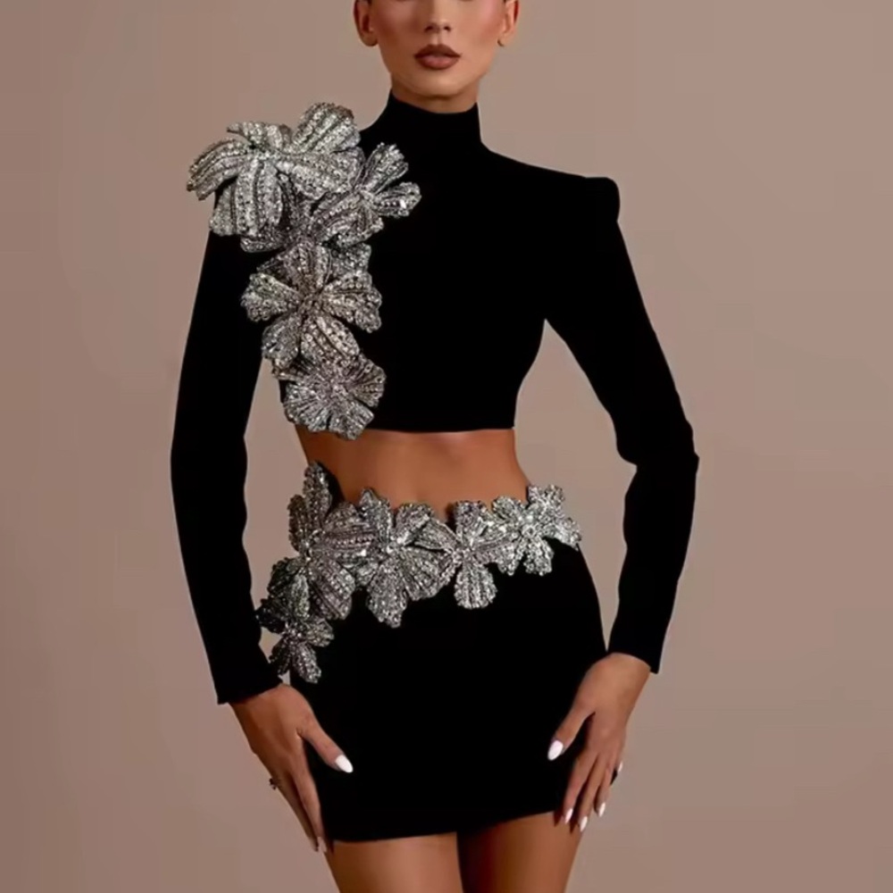 Elegant Black Dress Silver Embellishments luxury outfit set Bronx banco Hindu